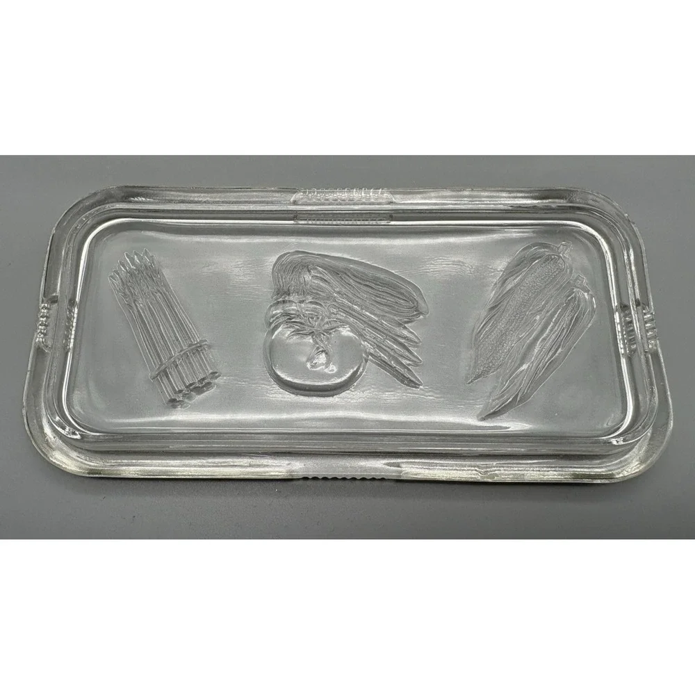 Vintage Federal clear glass refrigerator storage dish embossed vegetables on lid